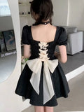 Backless Lolita Gothic Dress Women Bow Puff Sleeve Kawaii Party Mini Dress Female Casual Korean Fashion Sweet Dress