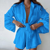 Fongt Women's Wear Casual Solid Color Flounce Shorts Shirt Early Fall Lazy Wind Suit