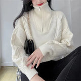 Fongt Version Of Autumn And Winter Retro Half Zipper Standing Collar Sweater Loose Thin Pure Color Design Sense Short Twist Sweater Woman-Outfit