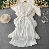 Fongt Temperament Heavy Industry Pearl Wood Ear Round Collar Dress Women's Summer New Waist Thin 100 Folded Long Skirt