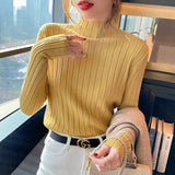 Fongt Winter Half-High Sweater Women Long Sleeve Pure Color Spring And Autumn Pit Stripe Loose Knitted Bottom