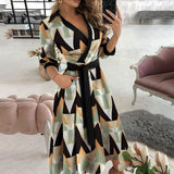 Fongt Women's Fashion Print Long-Sleeved V-Neck Bag-Groomed Commuting Dress 661
