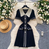 Fongt Retro Trendy Polo Collar Short-Sleeved Dress Women's Summer Metal Buckle Waist Thin Knitted Skirt
