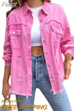 Holes Raw-edges Denim Jacket Women Spring Autumn Shirt Style Jeancoat Casual Top Rose-Red Orange Purple Outerwear Lady