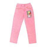 Pink Women‘s Jeans Pants Mid-waist Sun Star Pattern Young Girl Denim Trousers Summer Autumn Female Cute Jeans
