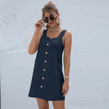 New Strap Dress Women Solid Color Button Loose Waist Pocket Sleeveless Casual Streetwear Beach Mini Short