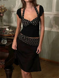 Black Polka Dot Patchwork Top And Midi Skirt Set-Outfit