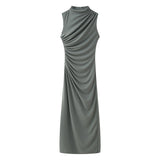 New Wrinkle Decorated Slim Long Midi Dress 3152200-Outfit