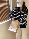 Fongt Lapel Stripe Double Zipper Knit Cardigan Women's 2024 New Loose And Versatile Thin Sweater Coat-Outfit