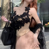 Fongt Niche T-Up Jacket 2025 Autumn And Winter Yarn Mesh Splicing Three-Dimensional Flower Strip Slings Small Vest Woman
