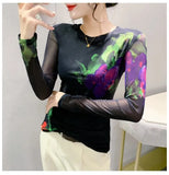 Autumn Winter Double-Layer Mesh T-shirt Female Printing Positioning Flower Long Sleeved Round Neck Slim Top FF0923-Outfit