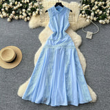 Fongt High-End Squeal Lace Splicing Sleeveless Waist Dress Women's Summer Thin Temperament Elegant Long Dress