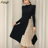 Han Queen 2020 New Winter Elastic Knitted Dresses Women Color matching Lace-up Sweater Dress Fashion Slim Work Office