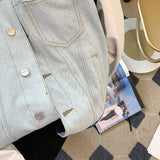 High Street Blue Denim Stitching Jacket Women 2023 Autumn Tendy Unisex Chic Thick T-shirt Fashion Patchwork Long