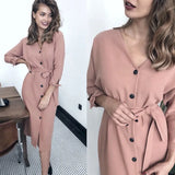 Vintage Front Button Sashes A-line Dress Long Sleeve Sexy V neck Solid Elegant Dress 2019 Autumn New Fashion Women