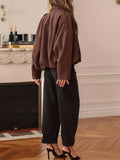Fongt Women's Lint Jacket Retro Brown Zipper Long-Sleeved Clip Loose Autumn Winter Jacket