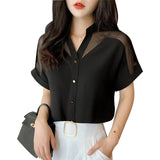 Summer Women Shirts Pullover Chiffon Short-Sleeved Women Tops Solid Color Mesh V-neck Women Clothing camisas mujer