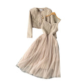 Fongt And Winter Small Fragrant Style Set Of Women's Short Cardigan Coat + Sling Net Yarn Dress Two Sets