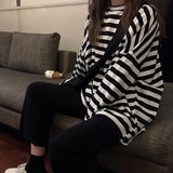 Fongt 2024 New Ins Tide Black And White Stripes Early Autumn Loose Long-Sleeved T-Shirt Schoolgirl