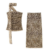 Fongt Summer New Breast-Wear Women's Fashion Animal Print Leopard Pattern Net Skirt Suit