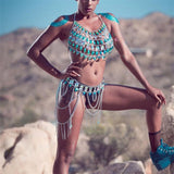 Big Gems Two 2 Piece Set Women Halter Hollow Out Crop Top Sexy Link Chain Tassels Skirt Matching Sets Party Club