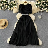 Fongt Fan Niche Design Pressure Folding Collar Button To Collect Waist Thin Temperament Medium Long Over Knee Chiffon Dress