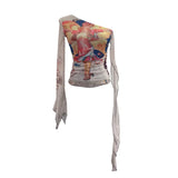 Fongt One-Shoulder Horn Long-Sleeved Mesh Yarn-Print T-Shirt With Short Tight Top 9915