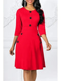 Women Spring Autumn Solid A-Line Dress Single-Breasted Design Pockets Decor O-Neck Three Quarter Sleeve High Waist Slim