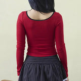 Lace Trim Round Neck Bow Coquette Long Sleeve Tee-Outfit
