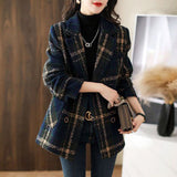 Fongt Autumn And Winter New Fashion Korean Loose Thin Retro Lattice Splicing Hundred Suit Collar Hair Coat Woman