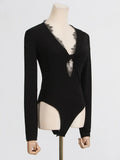 Fongt Wind Top Woman 2025 Spring New Kinesitic Lace Splicing Design V Collar Long