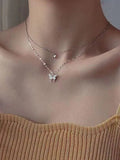 Rhinestone Butterfly Pendant Double Layered Necklace-Outfit