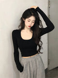 Fongt 2023 New Pure Desire Wind Hot Girl Big U Collar Show Slim Short White Long Sleeve T Shirt Jacket Women's
