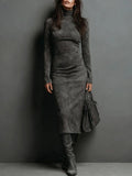 Fongt Retro High-Necked Dress In Autumn 2025 Solid Color With Low-Sleeved Dress