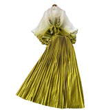 Fongt Suit Female Strap To Waist Gradient Color Pressure Folding Shirt High Waist 100 Folded Skirt Two Sets