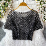 Fongt Heavy Industry Nail Polish Glid Round Neck Short Sleeve T-Shirt Women's High-End Temperament Slimming Short