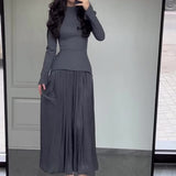 Fongt Autumn New Solid Fashion Splicing Design Round Collared 100-Folded Dress Girl