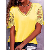 Fongt Women's T-Shirt Burst Lace Splicing Loose V-Neck Short-Sleeved T-Shirt