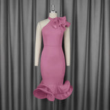 Fongt Half-High Collar Lotus Leaf-Side Dress Sided Shoulder Lotus Hem Banquet Evening Dress Dresses