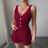 Fongt Temperament Thin Commuter Vest Shorts Solid Color Two-Piece Set