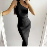 Slanting Shoulder Solid Color Knitted Dress Ins Xia Xian Slim Body Including Hip Middle Skirt Sleeveless Summer-Outfit