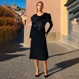 Fongt Temperament Dress Women 2025 Spring New Round Neck Mesh Stitching Design Black Long Sleeve Dress