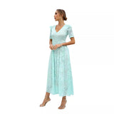 Fongt New Dress Spring Lace Mid-Swear Temper Commuting High-Waisted Green V-Neck