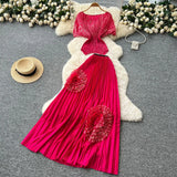 Fongt Folded Two Sets Of Women's Waist Repair Short Sleeve Pressure Folded Blouse Flowers High Waist 100 Folds Skirt