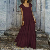 Elegant Women Short Sleeve Ruffles Dress Summer Solid Cotton Linen Sundress Femme Robe Party Long Vestido Loose