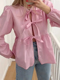 Women Shirts Long Sleeve Front Split Tie-up Loose Casual Solid Elegant Spring Fall Tops OL Solid/Striped Print Blouse-Outfit
