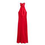 Fongt New Women's Fashion Hanging Neck Collar Silk Tatami Long Dress