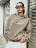 Fongt Ladies Plush Hooded Zippered Jacket Embroidery Rock Grain Velvet