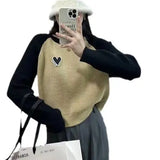 Fongt Sleeve Love Bottom Sweater Female Autumn Winter 2024 New Small Lazy Wind Loose Spell Color Knit Top-Outfit