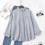 New Women Cotton Turn Down Collar White Shirt Long Sleeve Pockets Dot Blouse Button Up Loose Spring Casual Tops